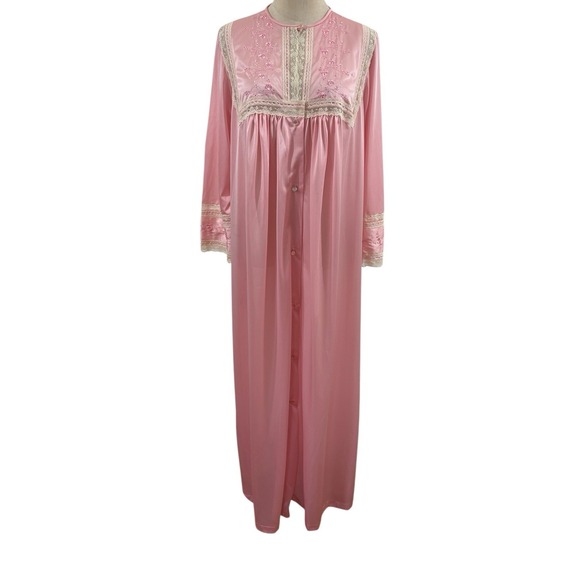 Komar Kids Other - Vtg 60s Pink Nylon Long Nightgown Robe Lace Embroidered‎ Sz S Cottage Coquette